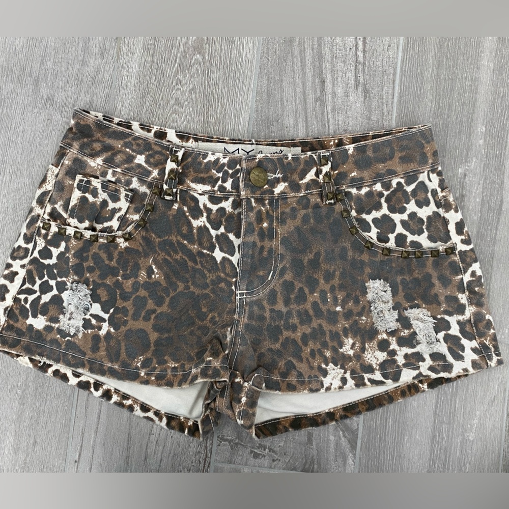 My Place Jeans distressed leopard-print denim shorts embellished size 38